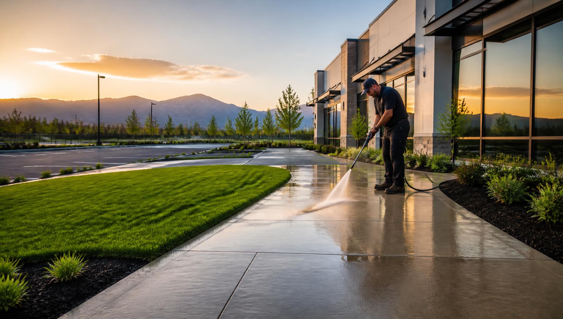 Crew pressure washing the walkway of a commercial property at sunset